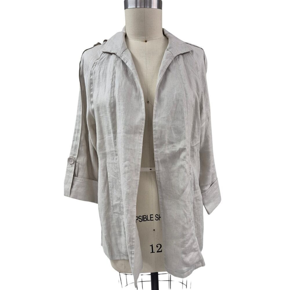 Luii Anthropologie beige linen Open Front Coat Back belt detail NWOT XL